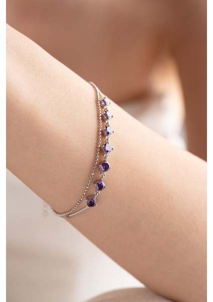 925 Ayar Gümüş Rodyum Kaplama Mor Zirkon Taşlı Çift Sıra Italyan Zincirli Bileklik indirimleri