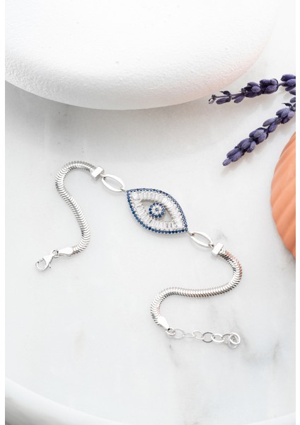 925 Ayar Gümüş Rodyumlu Balık Sırtı Model Zincirli Baget Taşlı Nazar Göz Bileklik fiyatları