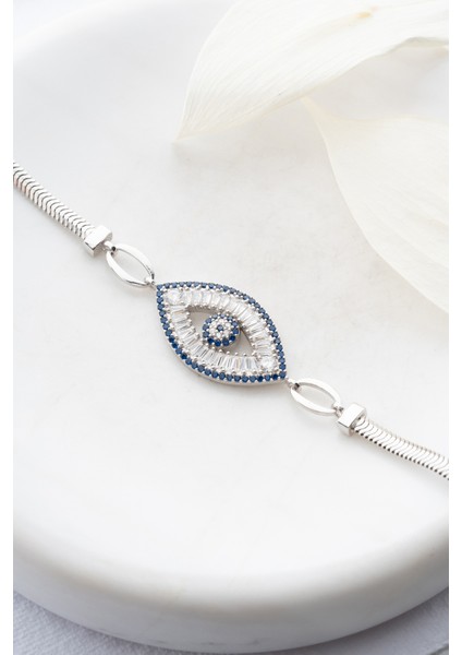 925 Ayar Gümüş Rodyumlu Balık Sırtı Model Zincirli Baget Taşlı Nazar Göz Bileklik modelleri