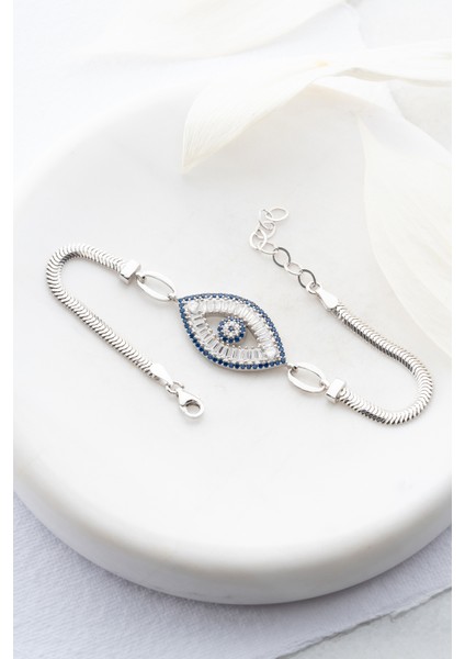 925 Ayar Gümüş Rodyumlu Balık Sırtı Model Zincirli Baget Taşlı Nazar Göz Bileklik fırsatları