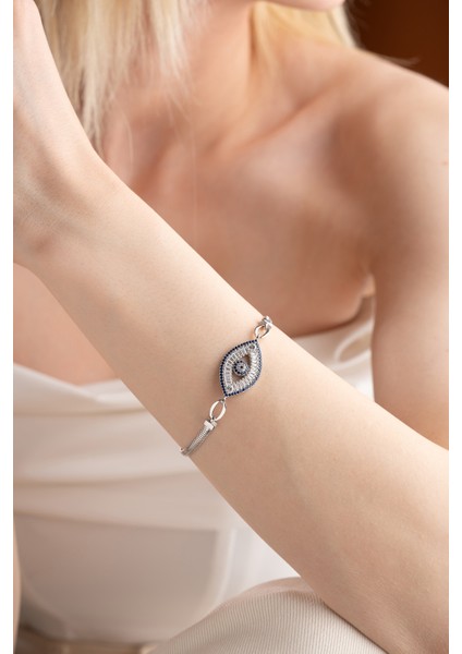 925 Ayar Gümüş Rodyumlu Balık Sırtı Model Zincirli Baget Taşlı Nazar Göz Bileklik indirimleri