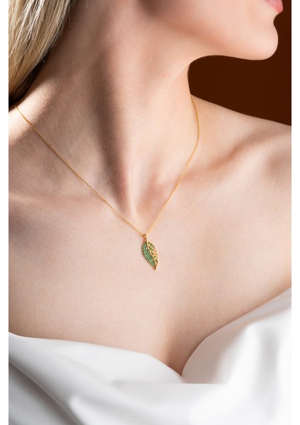 925 Ayar Gümüş Gold Yeşil Zirkon Taşlı Yaprak Tasarım Kolye fiyatları