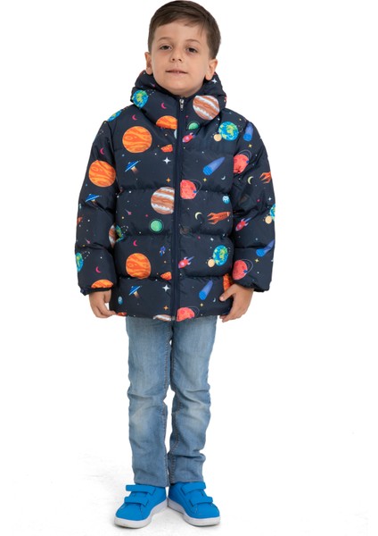 Erkek Çocuk İçi Polarlı Kapüşonlu Roket Desenli Kışlık Şişme Mont & Kaban & Parka