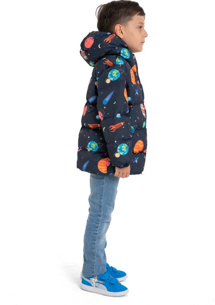 Erkek Çocuk İçi Polarlı Kapüşonlu Roket Desenli Kışlık Şişme Mont & Kaban & Parka modelleri