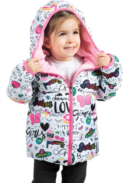 Kız Çocuk İçi Polarlı Kapüşonlu Girls Yazılı Kelebek Desenli Kışlık Şişme Mont & Kaban & Parka