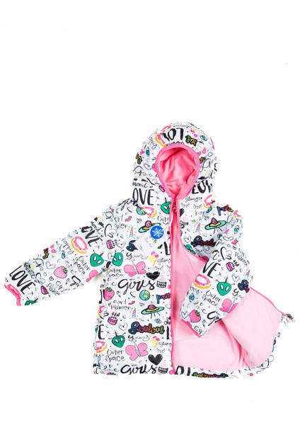 Kız Çocuk İçi Polarlı Kapüşonlu Girls Yazılı Kelebek Desenli Kışlık Şişme Mont & Kaban & Parka modelleri