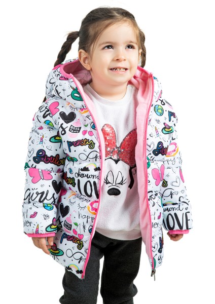 Kız Çocuk İçi Polarlı Kapüşonlu Girls Yazılı Kelebek Desenli Kışlık Şişme Mont & Kaban & Parka fırsatları