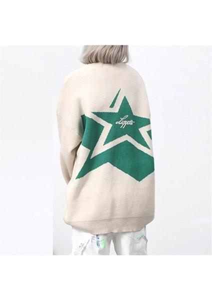 Daily Fashion Day Light  Y2K Vintage Harajuku Star Capitol Ön Arka Baskılı Unisex Oversize Ecru Kazak