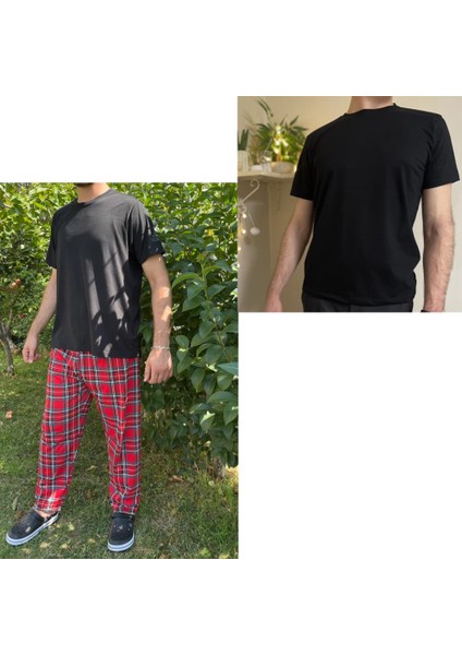 Kırmızı Yeşil Regular Fit Alt Ekose Kareli Pamuklu Örme Bisiklet Yaka Erkek Pijama Takımı