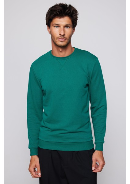Pamuk Bisiklet Yaka Basıc Unisex Yeşil Sweatshirt