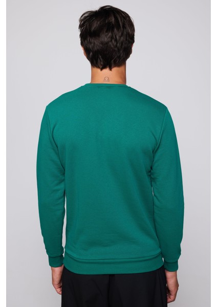 Pamuk Bisiklet Yaka Basıc Unisex Yeşil Sweatshirt