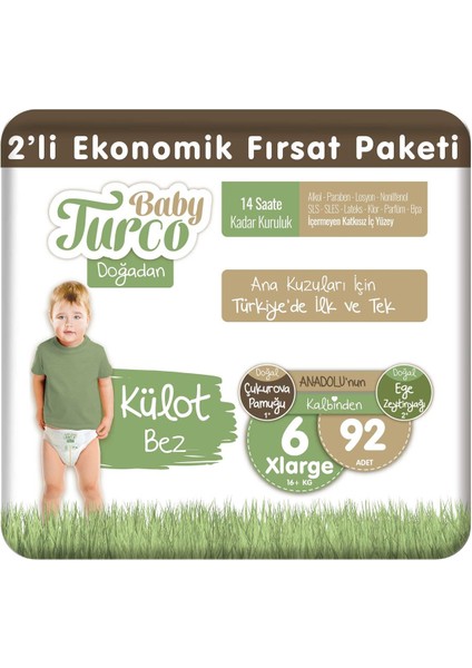 Baby Turco Doğadan 2'li Ekonomik Fırsat Paketi Külot Bez 6 Numara Xlarge 92 Adet