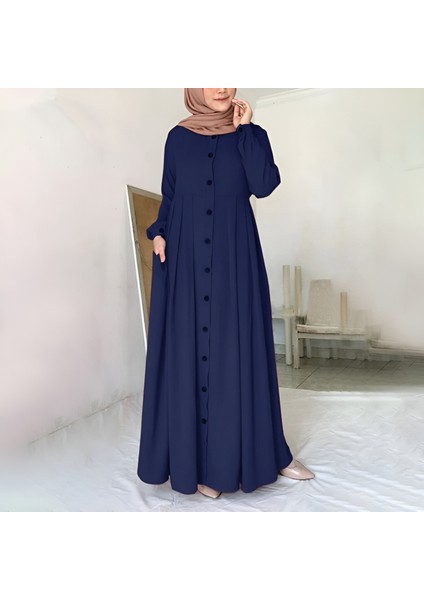 Keten Günlük Yazlık Tam Boy Tesettür Kadın Elbise LN391LACIVERT4