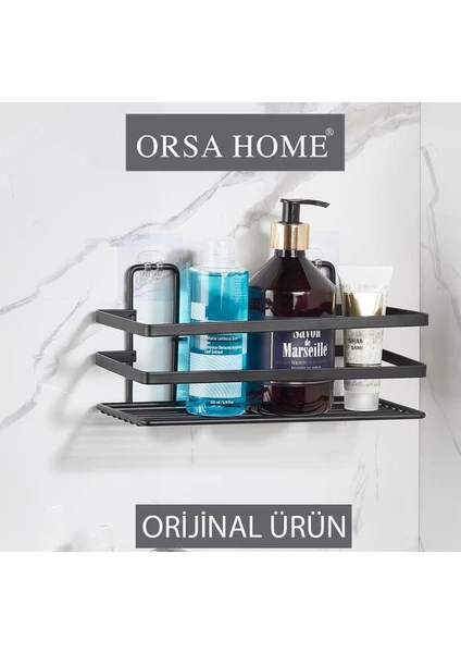 Orsa Home 992 Tekli Lamalı Yapışkanlı Siyah Dikdörtgen Banyo Rafı