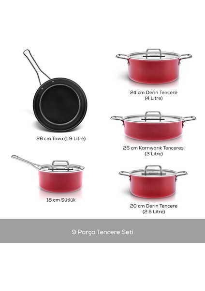 Swiss Crystal Mastermaid 9 Parça Tencere Seti Imperial Red