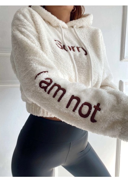 Kadın Beyaz Sorry Baskılı Beli Lastikli Rahat Peluş Sweatshirt HZL23W-BD1553981