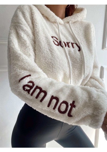 Kadın Beyaz Sorry Baskılı Beli Lastikli Rahat Peluş Sweatshirt HZL23W-BD1553981 modelleri