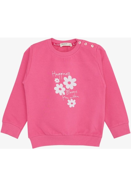 Kız Bebek Sweatshirt Simli Çiçek Baskılı 9 Ay-3 Yaş, Pembe