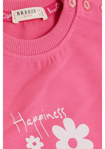 Kız Bebek Sweatshirt Simli Çiçek Baskılı 9 Ay-3 Yaş, Pembe