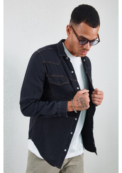 Çift Cep Kapaklı Denim Gömlek Siyah