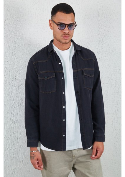 Çift Cep Kapaklı Denim Gömlek Siyah fiyatları