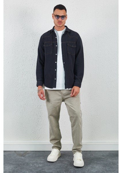 Çift Cep Kapaklı Denim Gömlek Siyah modelleri