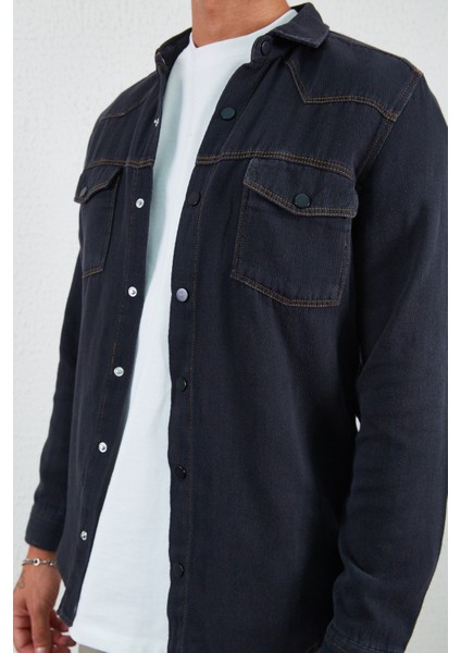 Çift Cep Kapaklı Denim Gömlek Siyah fırsatları