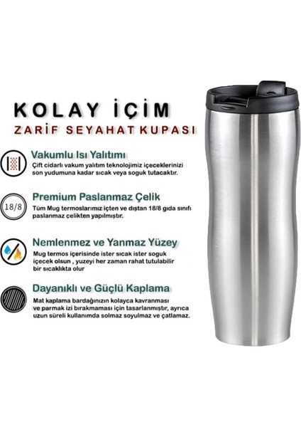 Çift Katman Sızdırmaz Vakumlu 450ML Gümüş Gri Paslanmaz Çelik Küçük Termos Bardak Kahve Termosu