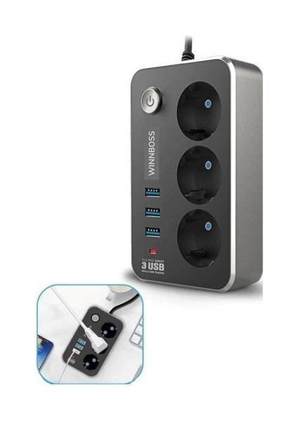 Termal Akım Korumalı USB 2.1A Şarj Çıkışlı 10A 2500W 3'Lü Uzatma Grup Priz
