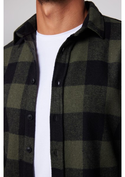 Slim Fit Dar Kesim Kareli Oduncu Haki-Yeşil Erkek Gömlek