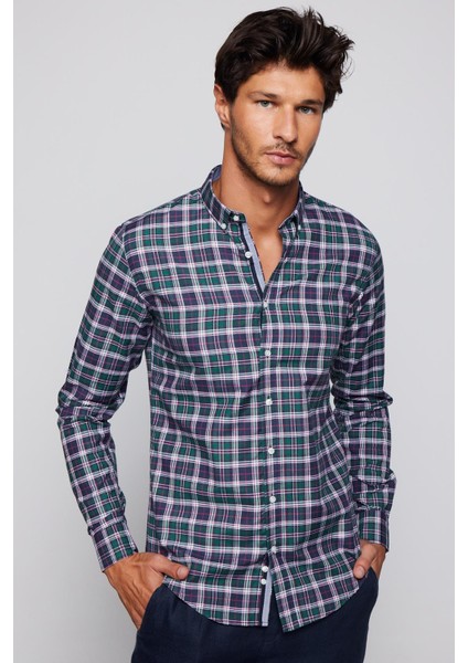 Slim Fit Kareli Pamuklu Kolay Ütü Erkek Gömlek