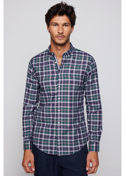 Slim Fit Kareli Pamuklu Kolay Ütü Erkek Gömlek