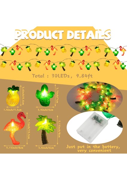 Yaz Dizili Işıklar 9,84 Ft Hawaii LED Veranda Işıkları, Pille Çalışan Tropikal Su Geçirmez Flamingo Hindistan Cevizi Ağacı Kaktüs Ananas Dize Işıkları Yaz Ev Dış Mekan Iç Mekan (Yurt Dışından)