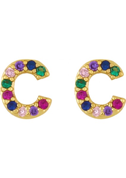 Küpe Sonrası Gökkuşağı Kübik Zirkonya Altın Kaplama 26 Mektup Ilk Küpe Kızlar Kadınlar Için --- C (Yurt Dışından) fiyatları