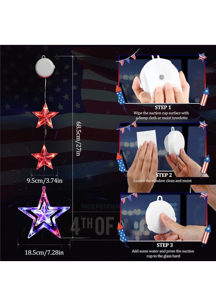 4 Temmuz Işıkları, Zamanlayıcı Fonksiyonlu 3 Paket Kırmızı Beyaz ve Mavi Süslemeler, 4 Temmuz Için Pille Çalışan Iç Mekan Yıldız Pencere Işıkları, Bağımsızlık Emek Anma Günü Patrio (Yurt Dışından) fırsatları