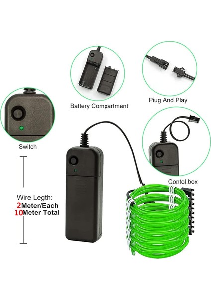 5in1 30FT (5pack 6ft) Yumuşak Neon Şerit Işık Teli, 3mode Stay/yavaş/hızlı Flaş El Tel Işıklar Pil Kutusu (Pil Yok) Cosplay Elbise Parti Dekorasyonu Için (Yeşil) (Yurt Dışından)
