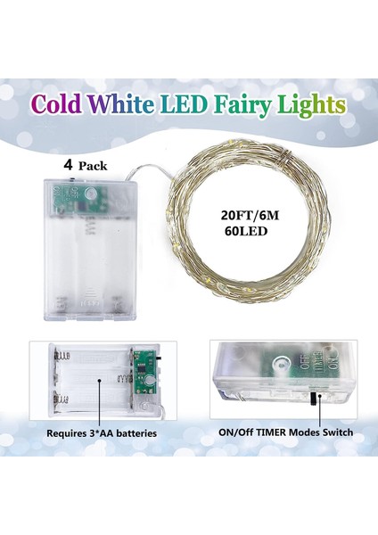 4 Paket Peri Pırıltı Işıklar Pille Çalışan, 2 Paket Soğuk Beyaz ve 2 Paket Sıcak Beyaz Her Biri 20FT 60 LED Su Geçirmez Dış Mekan Noel Dize Işıkları, Zamanlayıcılı Gümüş Tel Peri (Yurt Dışından) fırsatları