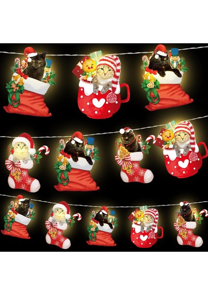 Noel Kedi Dize Işıkları 20 LED 10 Ft Sevimli Kedi Noel Ağacı Için Asılı Dize Işıklar Pille Çalışan Kapalı Tatil Noel Partisi Süslemeleri Için Işıklar Dış Mekan Şömine Şömine (Yurt Dışından)
