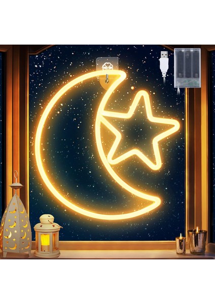 Eid Ramazan Dekoratif Neon Pencere Işıkları, 12 Inç Ay Yıldız LED Işıklar Pil ve USB ile Çalışan Ay Neon Burcu, Eid Mubarak Için Zamanlayıcı ile Islam Tatil Partisi Penceresi Ramaz (Yurt Dışından)