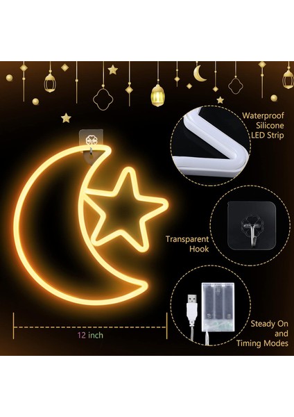 Eid Ramazan Dekoratif Neon Pencere Işıkları, 12 Inç Ay Yıldız LED Işıklar Pil ve USB ile Çalışan Ay Neon Burcu, Eid Mubarak Için Zamanlayıcı ile Islam Tatil Partisi Penceresi Ramaz (Yurt Dışından) fiyatları