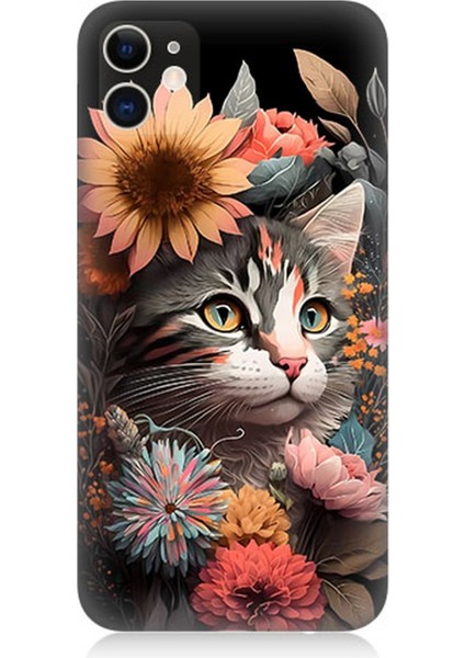 Apple iPhone 11 Uyumlu Silikon Kılıf Çiçekler ve Kül Gri Kedi