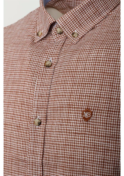 Erkek Camel Kısa Kol Yazlık Gömlek Ekoseli Slim Fit Düğme Yaka Pamuklu Ince Kumaş Jeans 7168