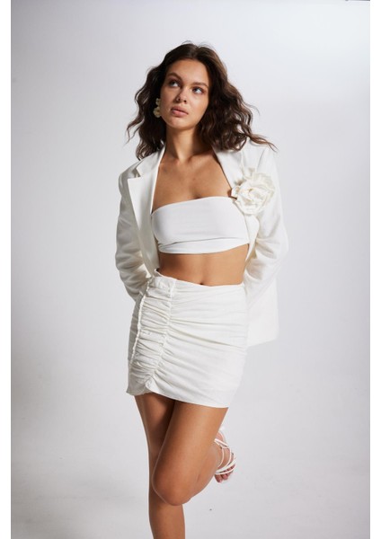 Pamuklu Astarlı Mini Keten Cottony Etek Beyaz