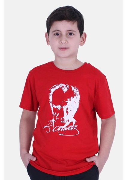 Atatürk Baskılı İmzalı Kırmızı Unisex Çocuk T-shırt 00256