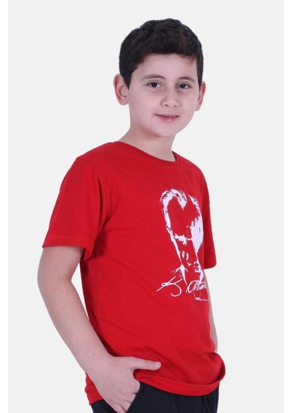 Atatürk Baskılı İmzalı Kırmızı Unisex Çocuk T-shırt 00256