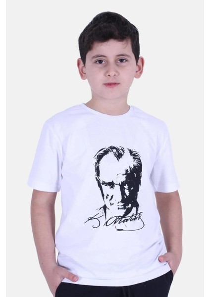 Atatürk Baskılı İmzalı Beyaz Unisex Çocuk T-shırt 00256