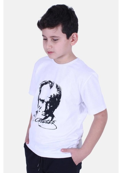 Atatürk Baskılı İmzalı Beyaz Unisex Çocuk T-shırt 00256