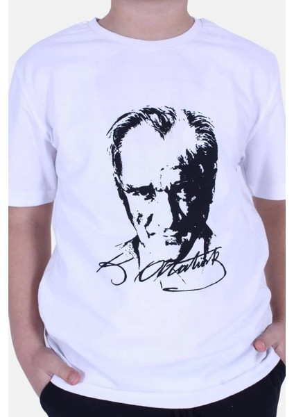 Atatürk Baskılı İmzalı Beyaz Unisex Çocuk T-shırt 00256