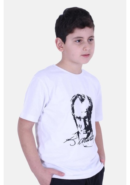 Atatürk Baskılı İmzalı Beyaz Unisex Çocuk T-shırt 00256