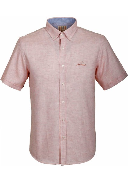 Erkek Kiremit Kısa Kol Yazlık Gömlek Slim Fit Düğme Yaka Pamuklu Ince Kumaş Jeans 7174 Shirt